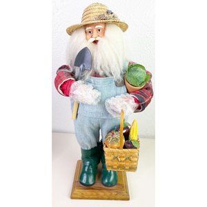 VTG 16" Santa Farmer Vegetable Gardner W/Straw Hat Overalls Doll on stand New
